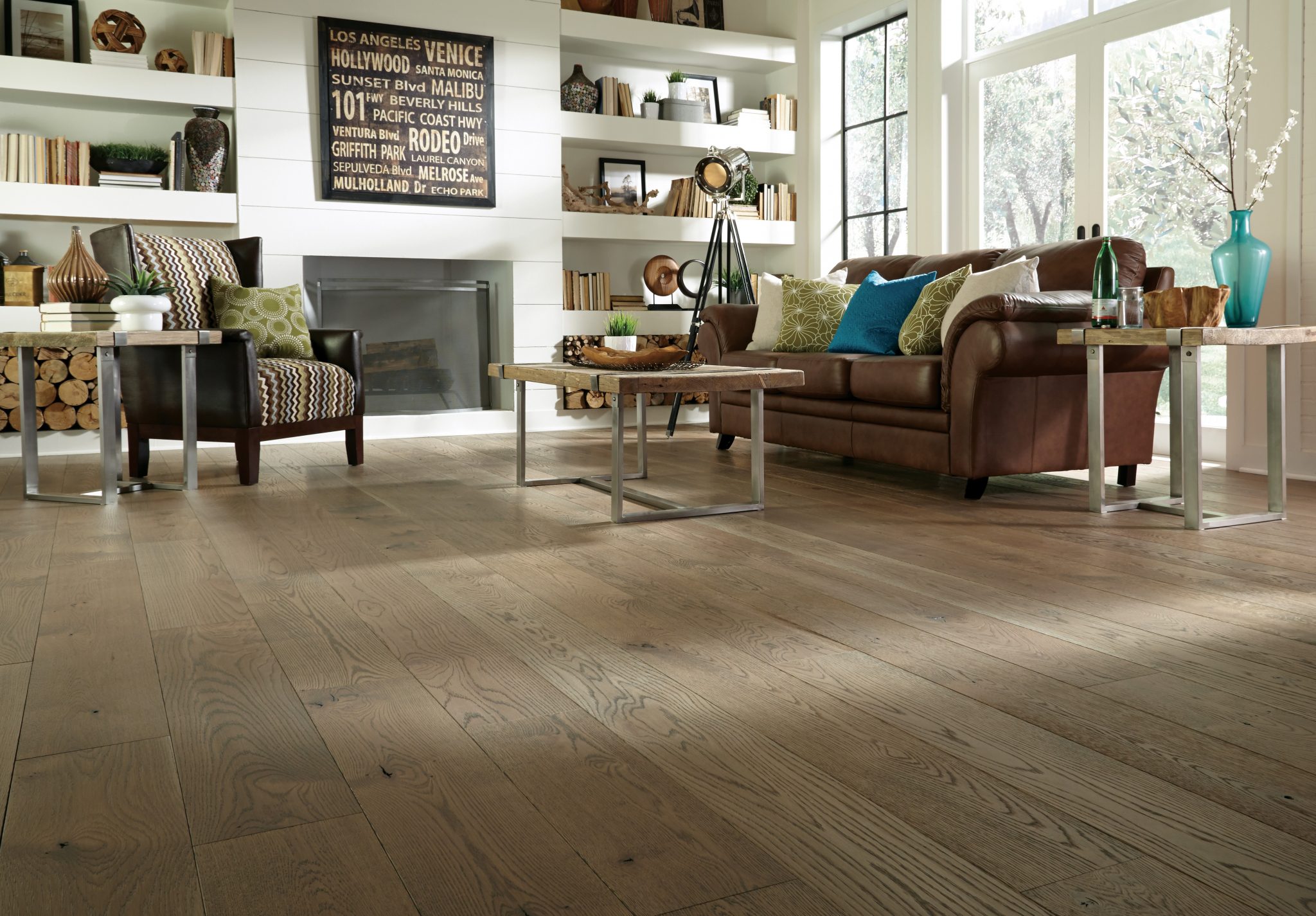 light brown floor in rustic living room