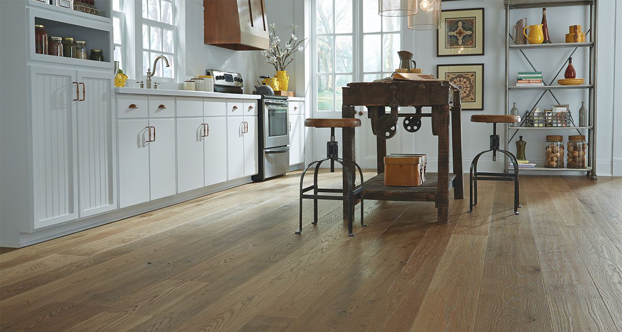 White Kitchen with Brown Textured Hardwood Floors