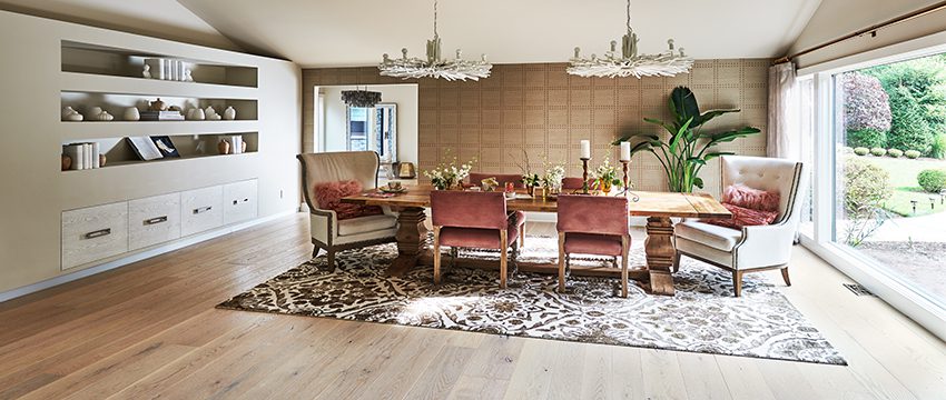 rustic flooring in dining rom